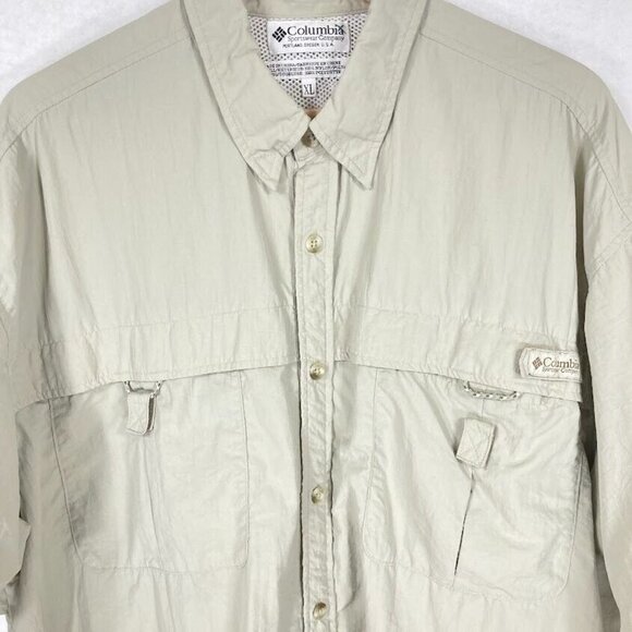 Columbia Mens PFG Shirt Short Sleeve Button Down Vented Fishing Khaki XL - Picture 2 of 7